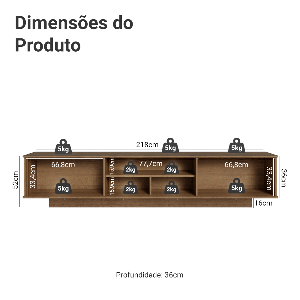 Rack Suspenso para TV até 80 Polegadas 218 cm 2 Portas Rustic/Branco Stella Madesa