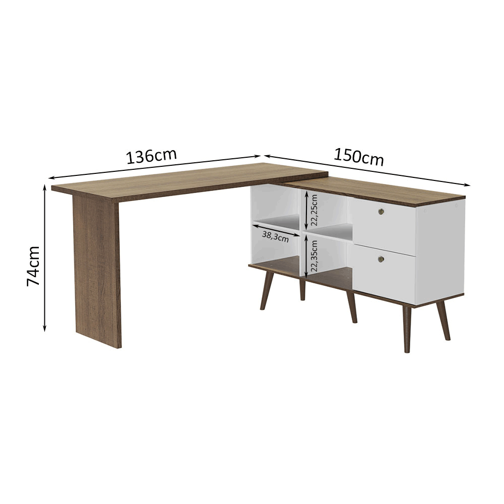 Escrivaninha de Canto Madesa 6937 com 2 Gavetas Rustic/Branco PO