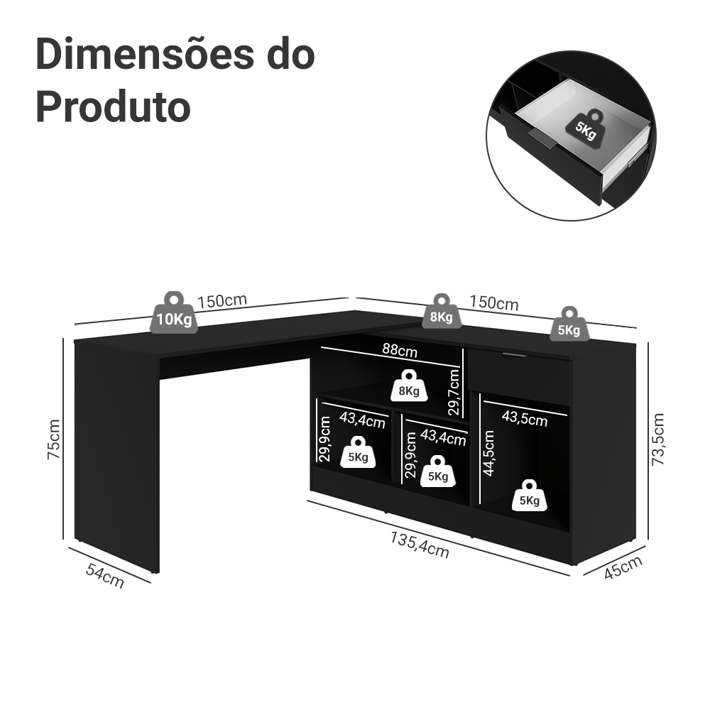 Escrivaninha de Canto Preto Roma Madesa