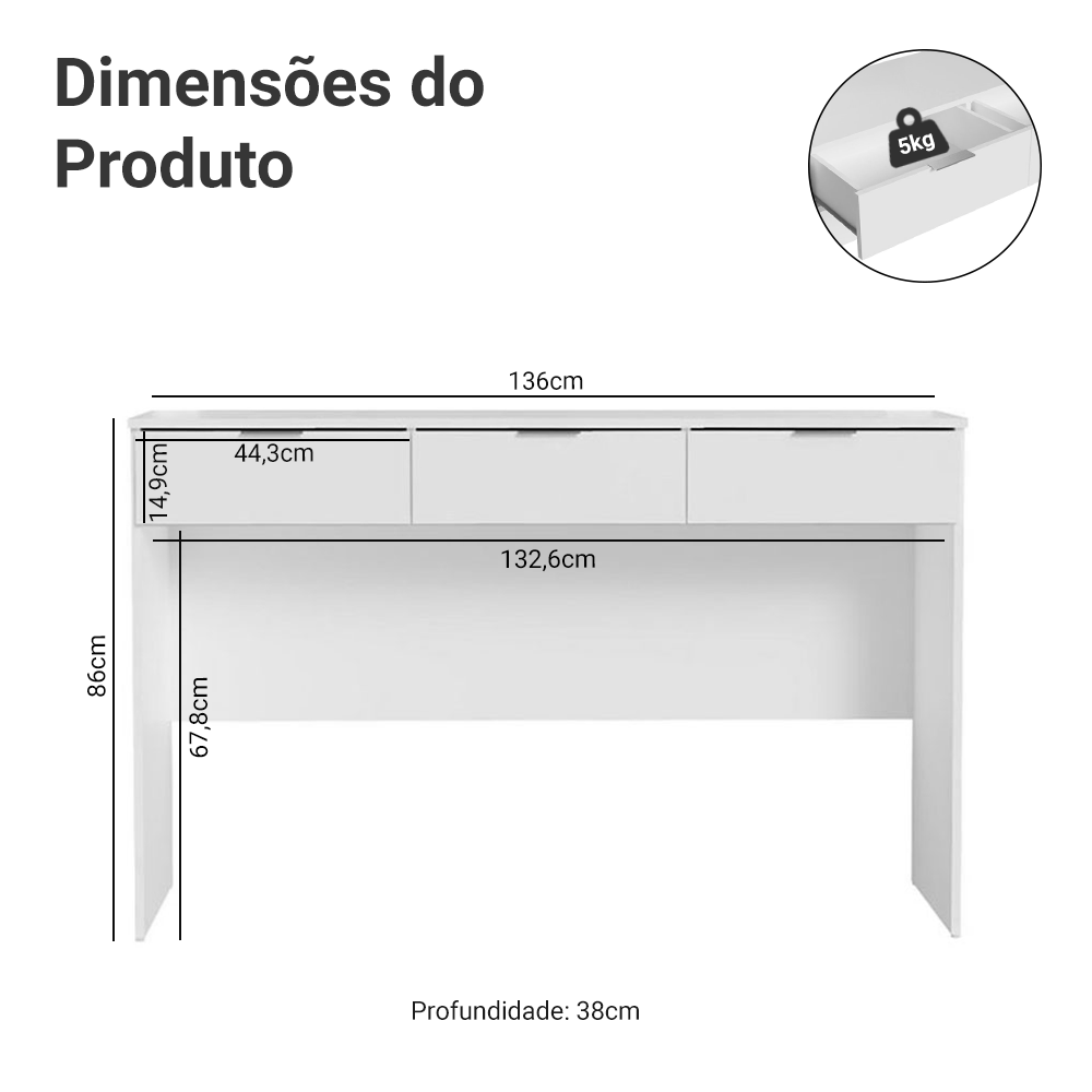 Penteadeira Madesa Camarim Carly com 3 Gavetas (Sem Painel) Branco