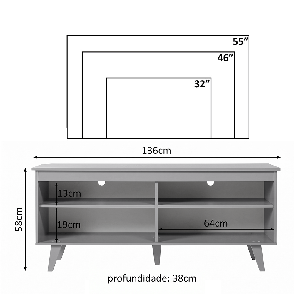 Rack para TV até 65 Polegadas Madesa 6992 com 4 Nichos Cinza PO