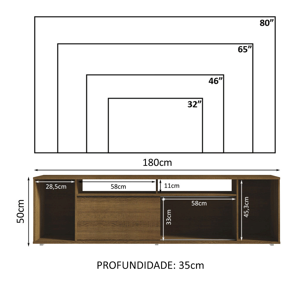 Rack para TV até 65 Polegadas Madesa 7008 com 5 Nichos e 1 Porta Rustic PO