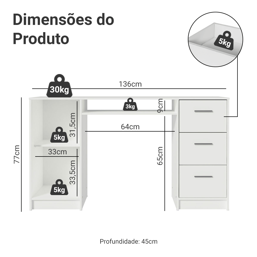 Escrivaninha 3 Gavetas 1 Porta Branco Alaska Madesa