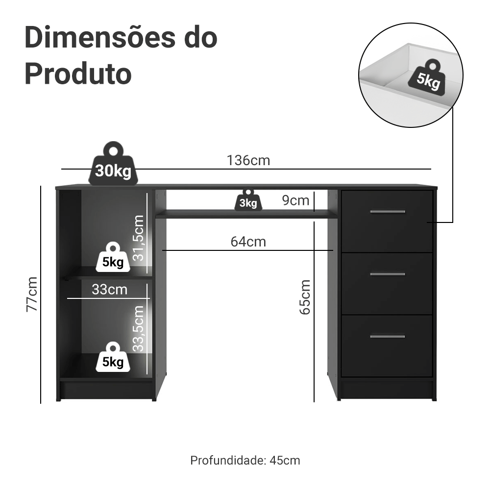Escrivaninha Madesa Alaska 3 Gavetas 1 Porta Preto