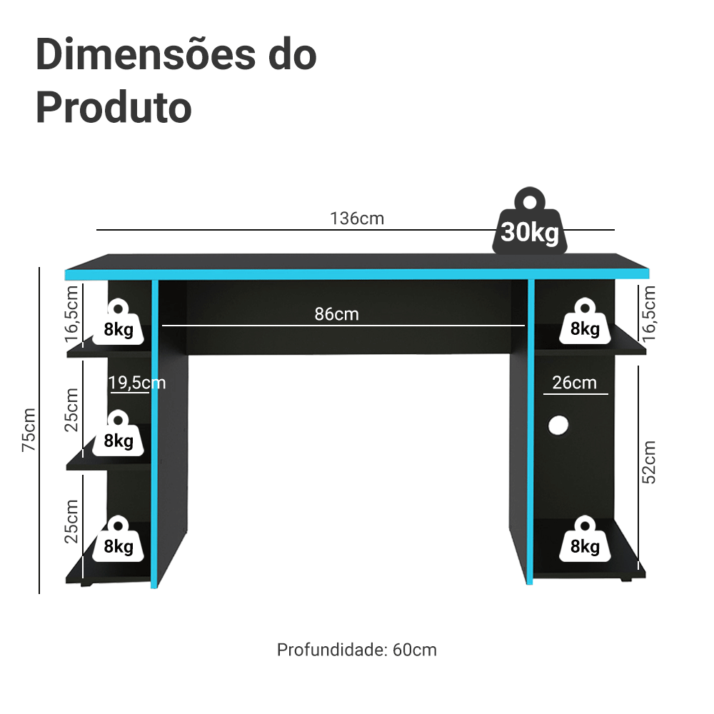 Mesa para Computador Gamer Madesa 9409 Preto/Azul