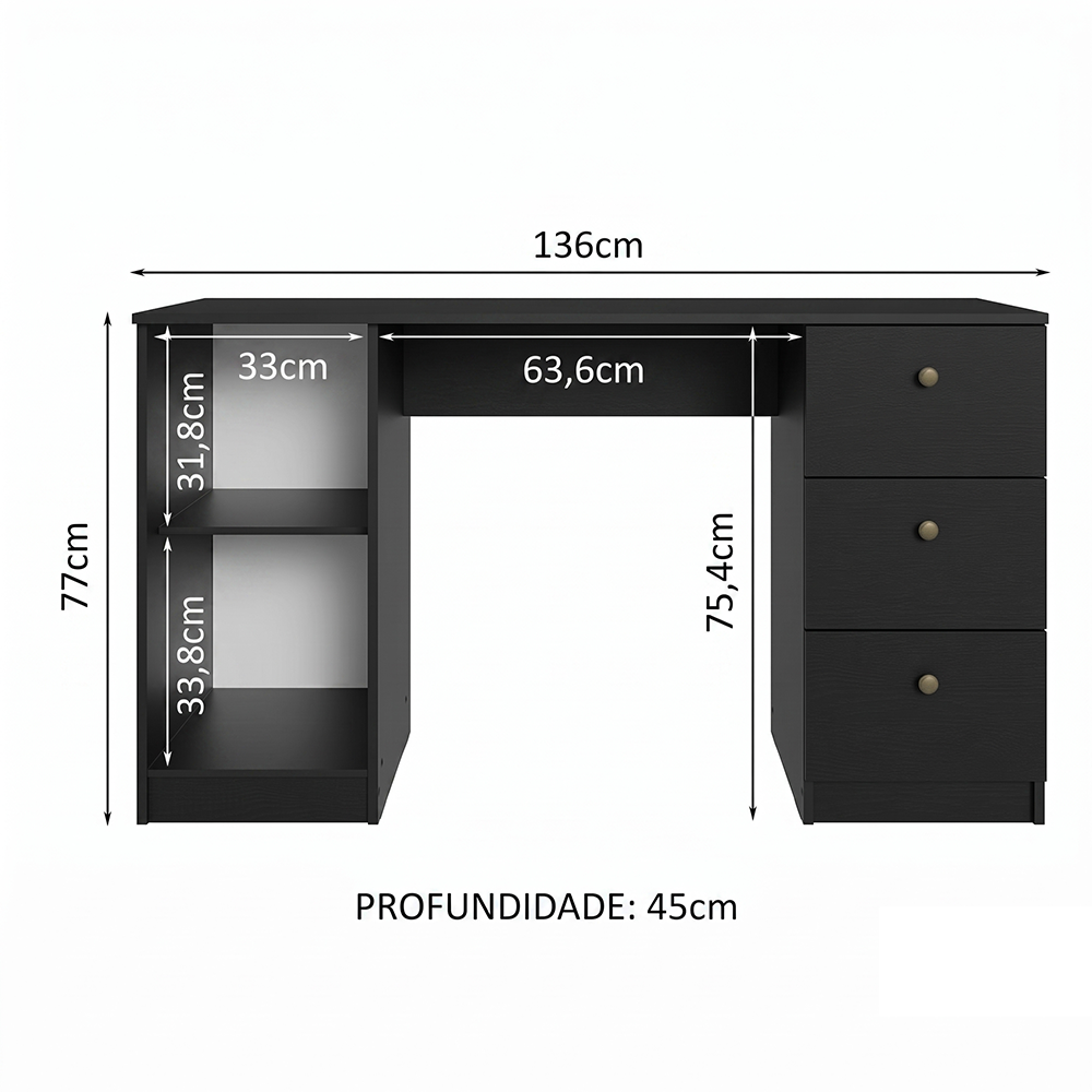 Escrivaninha para Computador Madesa 9422 com 3 Gavetas 1 Porta Preta PO