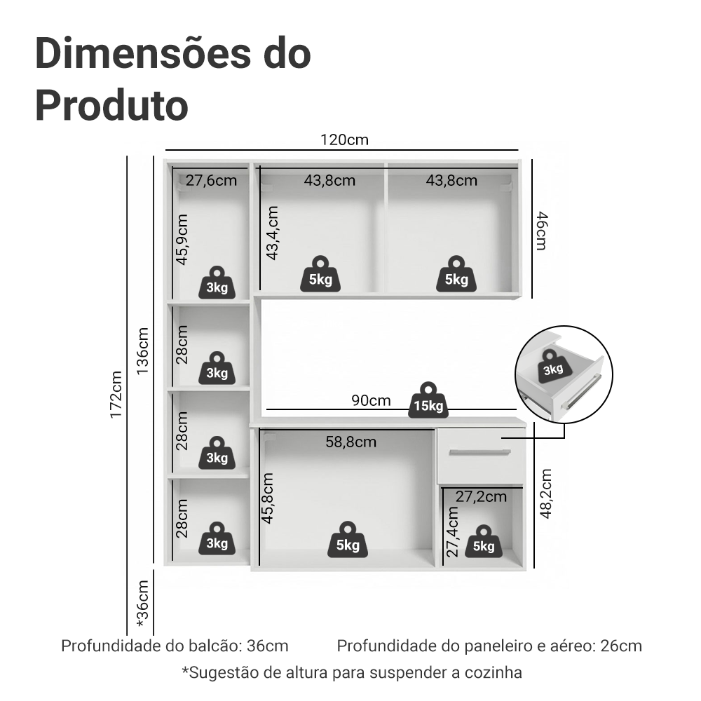 Armário de Cozinha Compacta 120cm Branco Easy Madesa