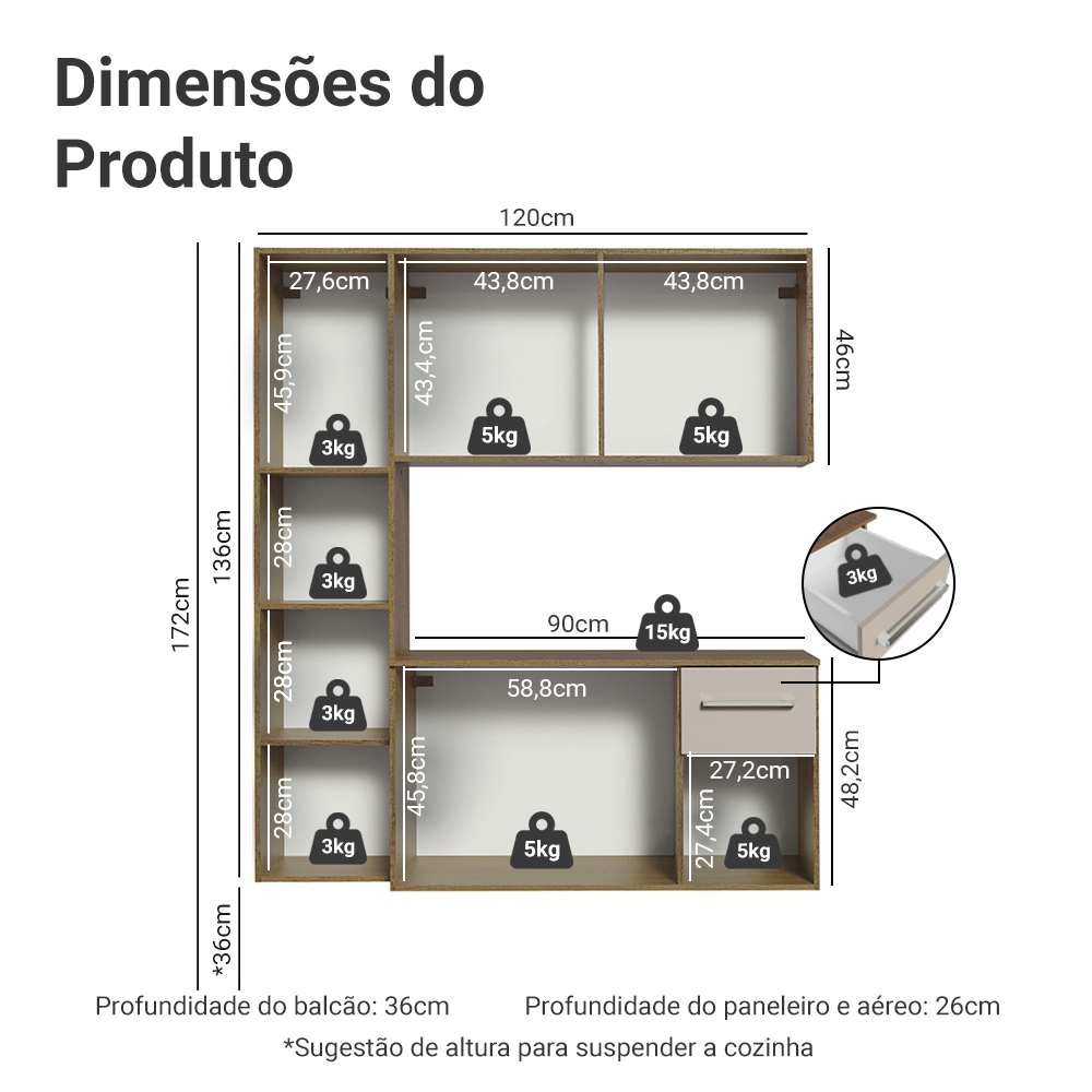Armário de Cozinha Compacta 120cm Rustic/Crema Easy Madesa