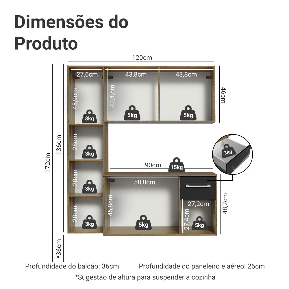 Armário de Cozinha Compacta 120cm Rustic/Preto Easy Madesa