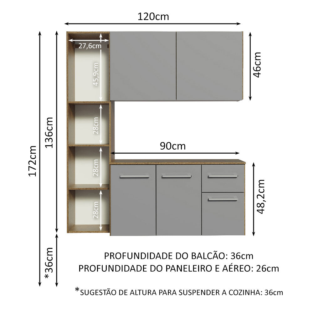 Armário de Cozinha Compacta 120cm Rustic/Cinza Easy Madesa
