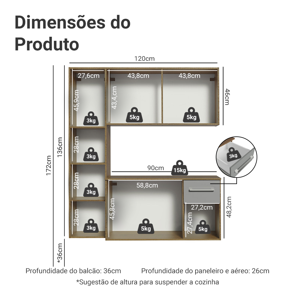 Armário de Cozinha Compacta 120cm Rustic/Cinza Easy Madesa