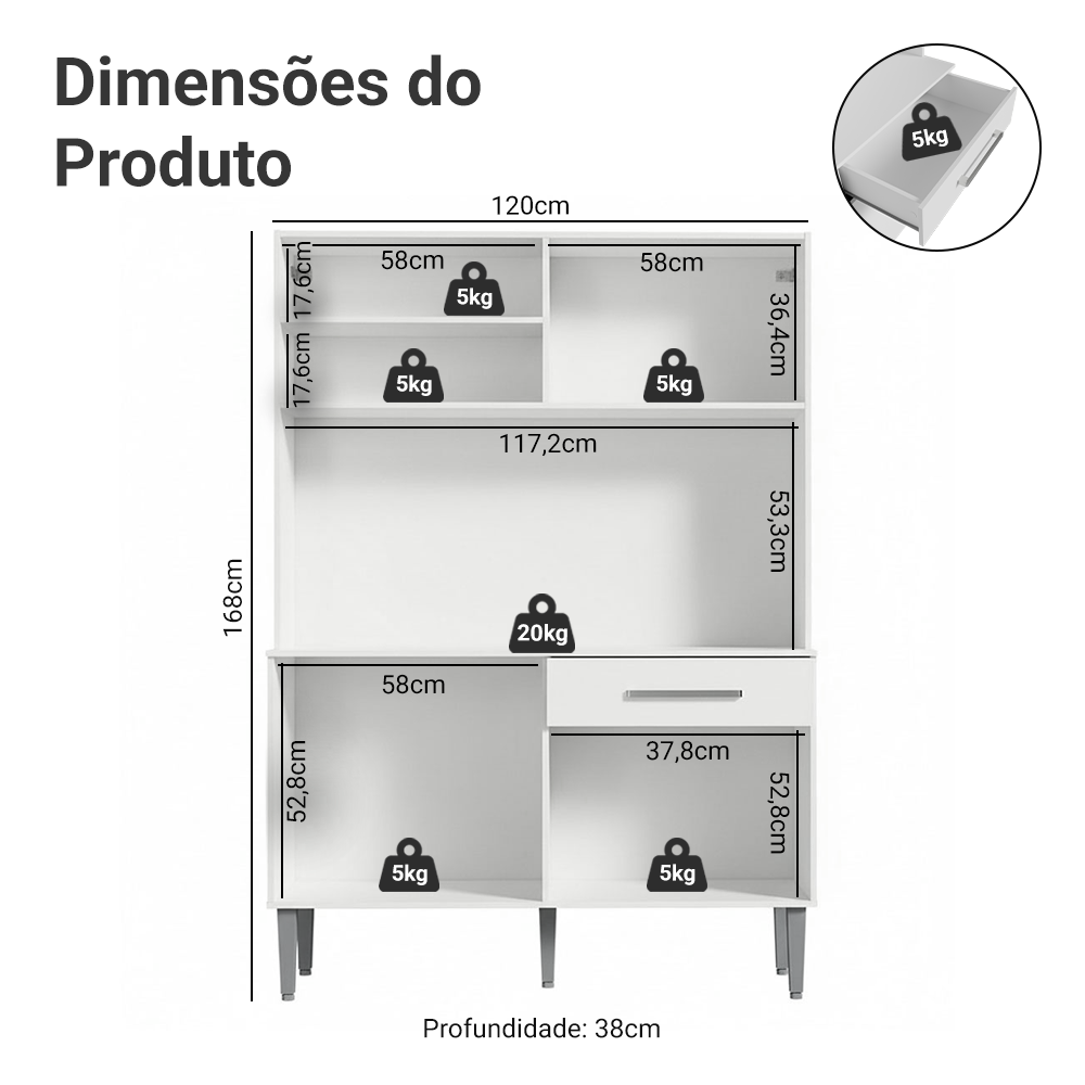 Armário de Cozinha Compacta 120cm Branco Life Madesa