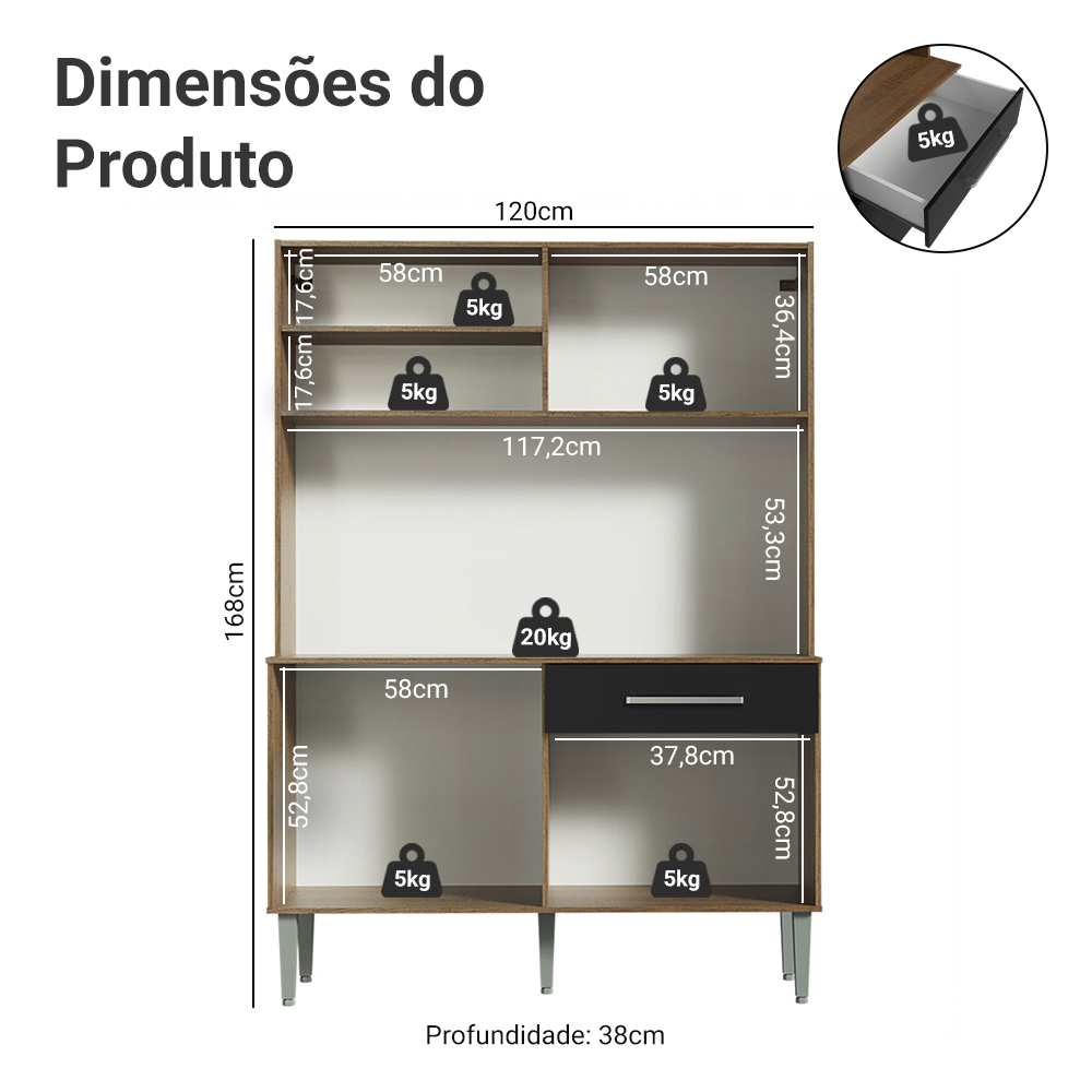 Armário de Cozinha Compacta 120cm Rustic/Preto Life Madesa