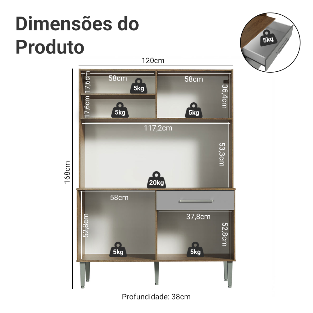 Armário de Cozinha Compacta 120cm Rustic/Cinza Life Madesa