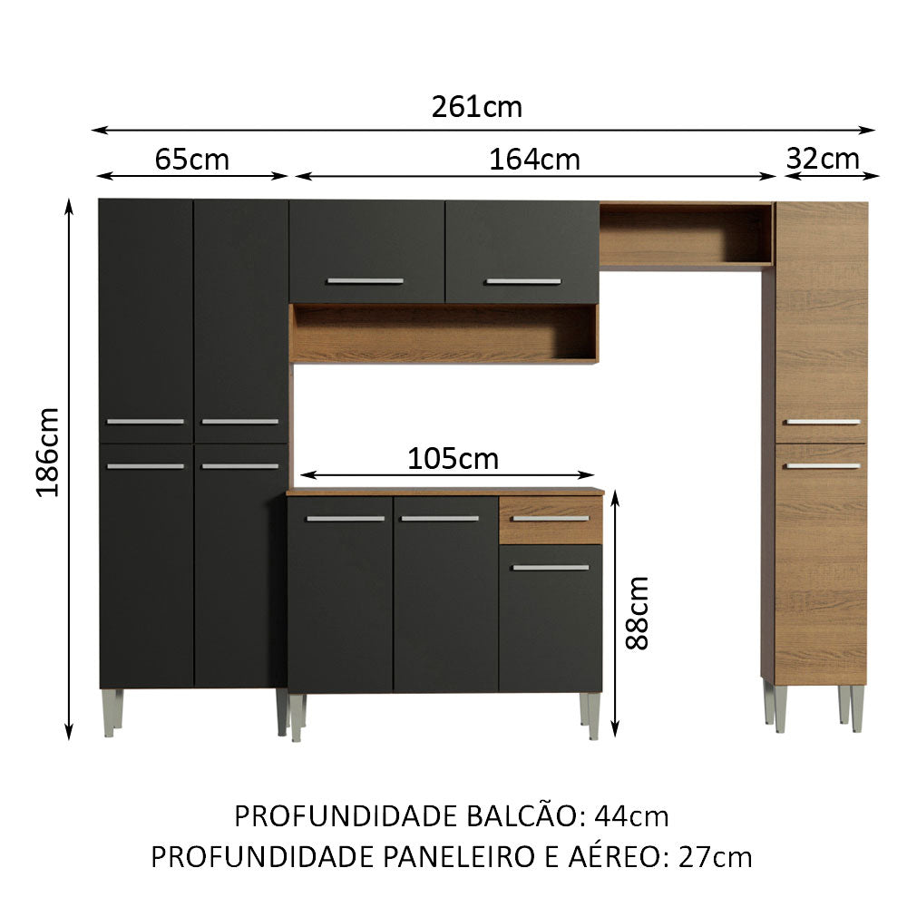 Armário de Cozinha Completa 261cm Rustic/Preto Emilly Hit Madesa
