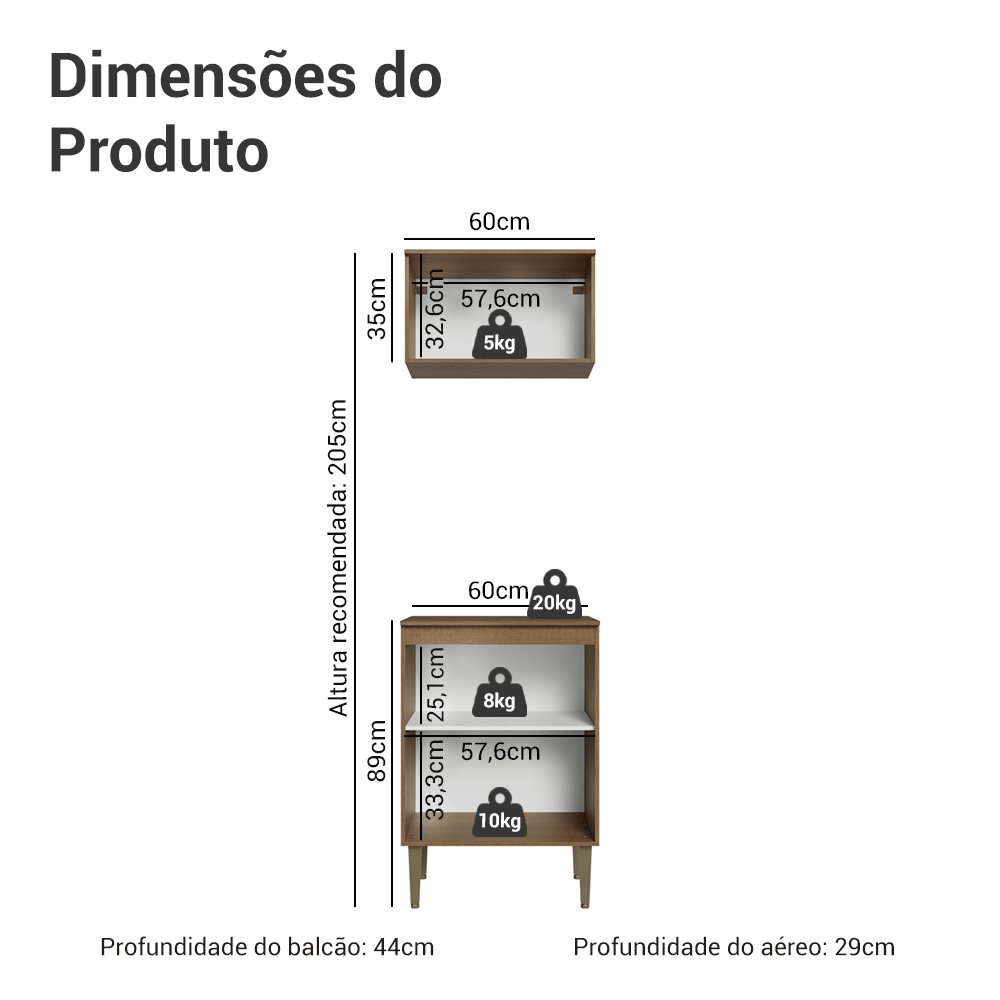 Kit Cozinha com Armário Aéreo e Balcão 60 cm Rustic/Branco Lille Madesa