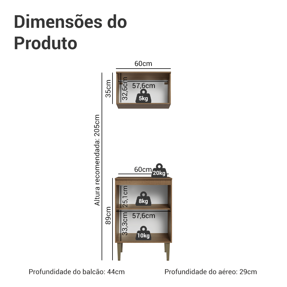 Kit Cozinha com Armário Aéreo e Balcão 60 cm Rustic/Preto Lille Madesa
