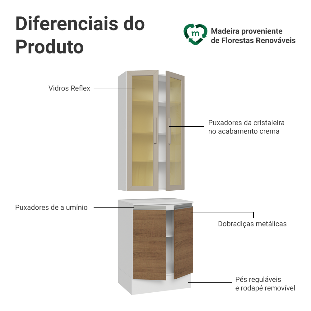 Kit Balcão + Cristaleira 60 cm Branco/Rustic/Crema Smart 100% MDF Madesa