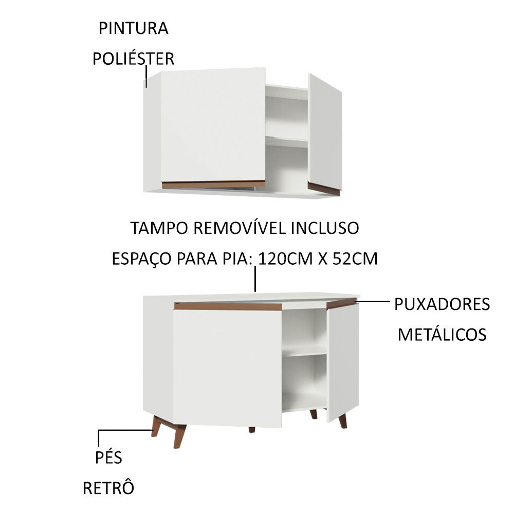 Kit Madesa Reims 120 cm com Armário Aéreo e Balcão Gabinete de Pia Branco