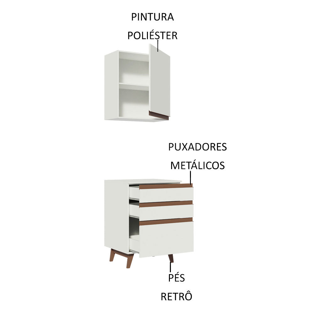 Kit Madesa Reims 60 cm com Armário Aéreo e Balcão com 3 Gavetas Branco
