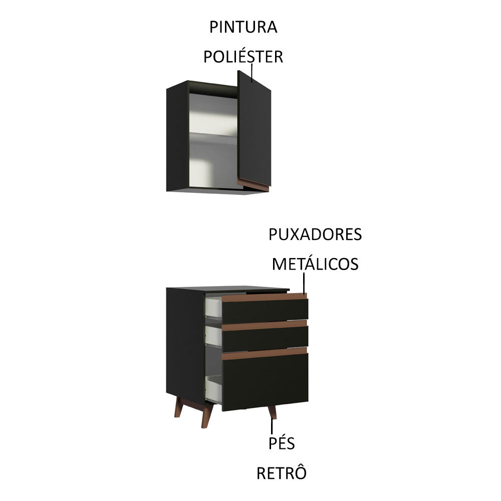 Kit Madesa Reims 60 cm com Armário Aéreo e Balcão com 3 Gavetas Preto