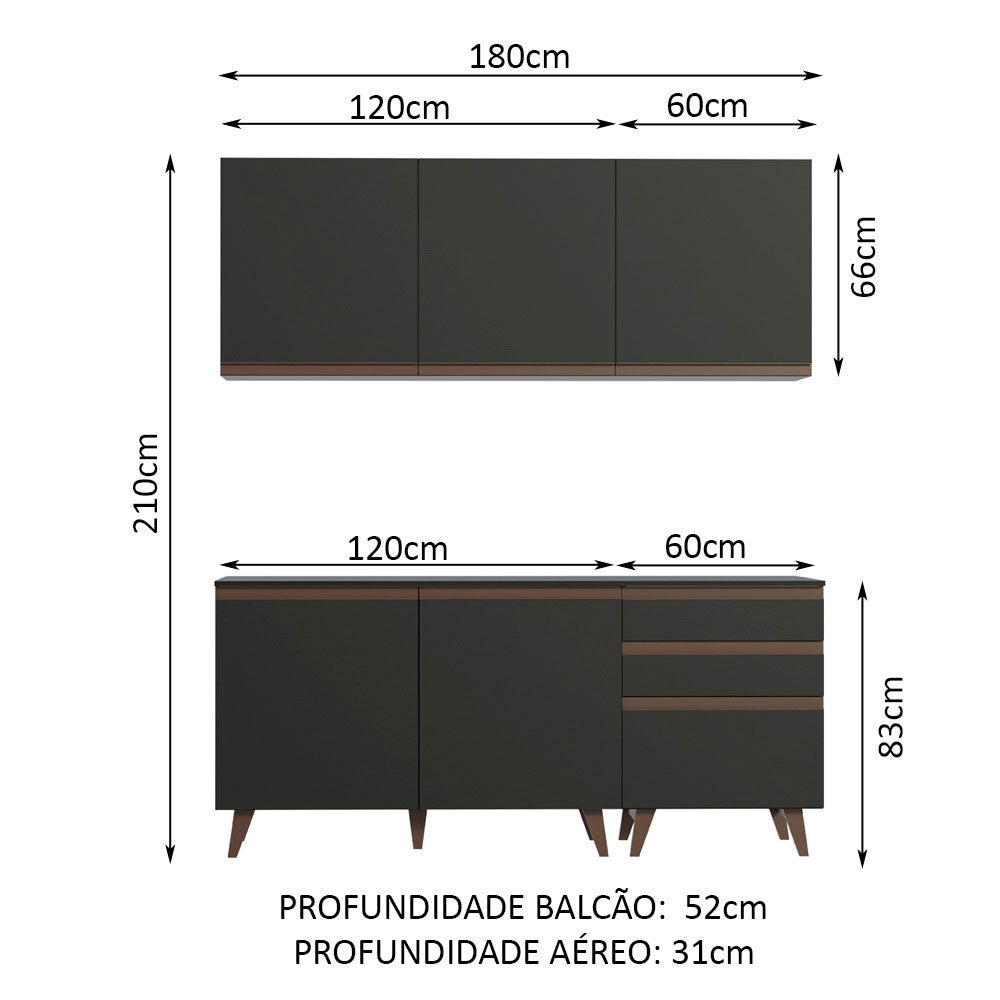 Armário de Cozinha Compacta 180cm Preto Reims Madesa 80