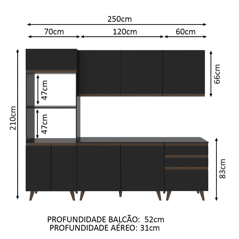 Armário de Cozinha Completa 250cm Preto Reims Madesa
