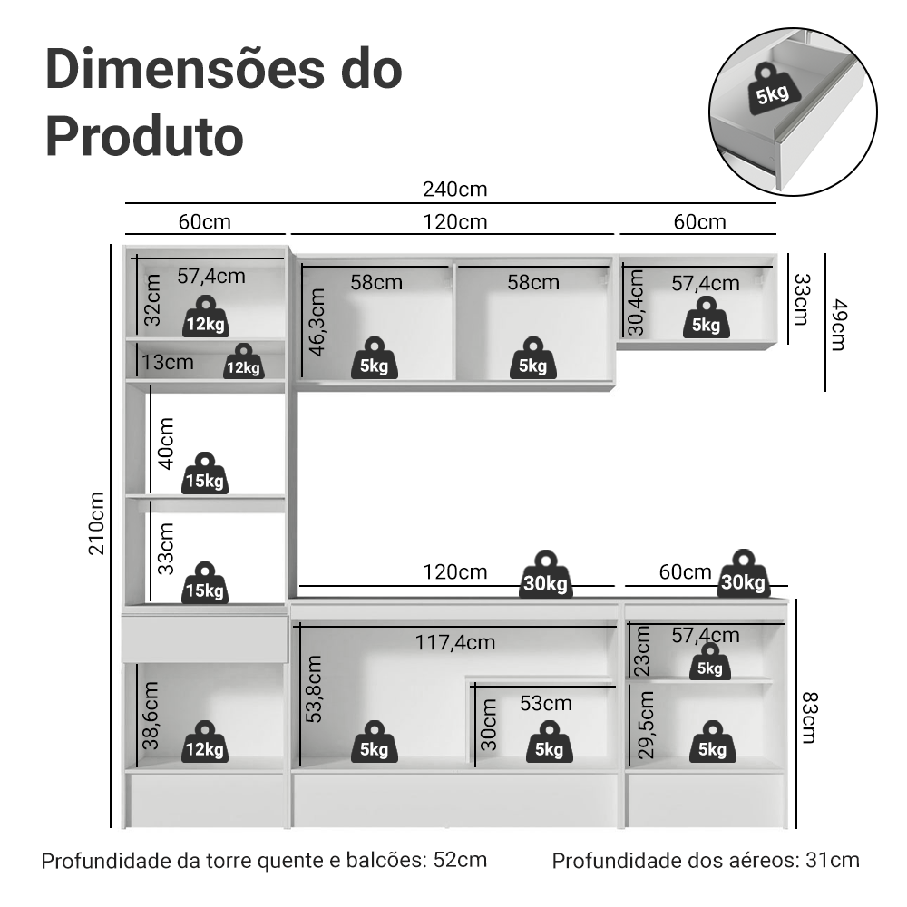 Armário de Cozinha Completa 240cm Branco Topazio Madesa