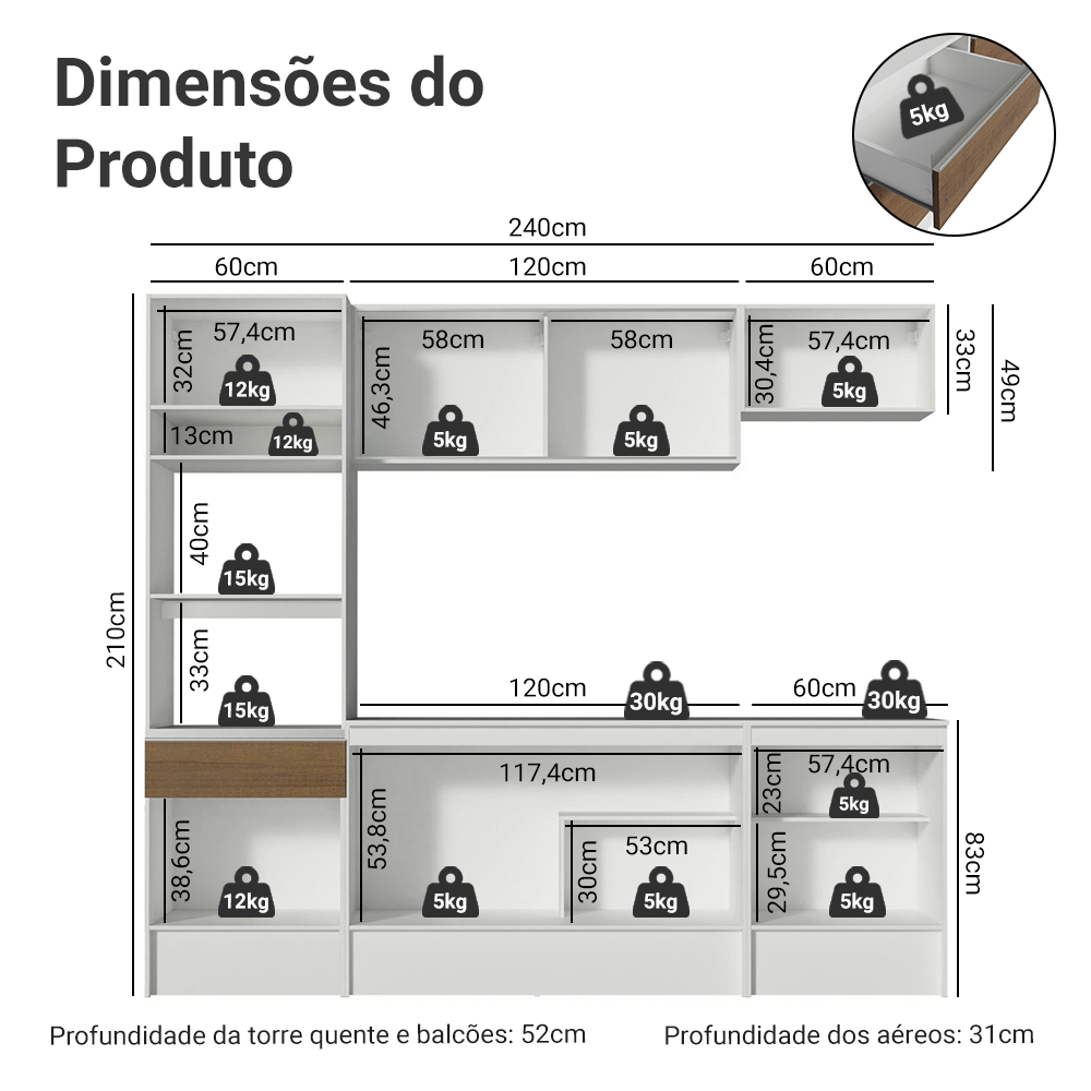 Armário de Cozinha Completa 240cm Branco/Rustic Diamante Madesa