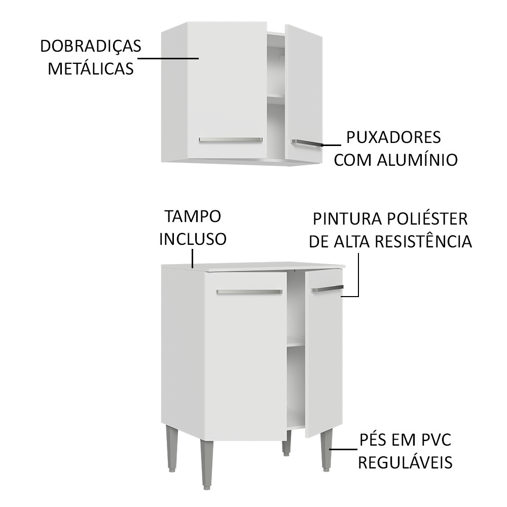 Kit com Armário Aéreo e Balcão 64cm Branco Emilly Madesa