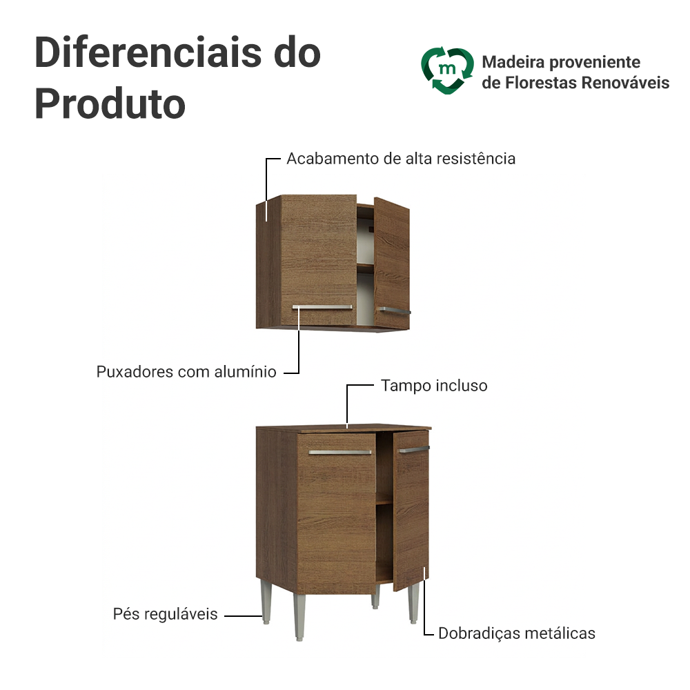 Kit com Armário Aéreo e Balcão 64cm Rustic Emilly Madesa