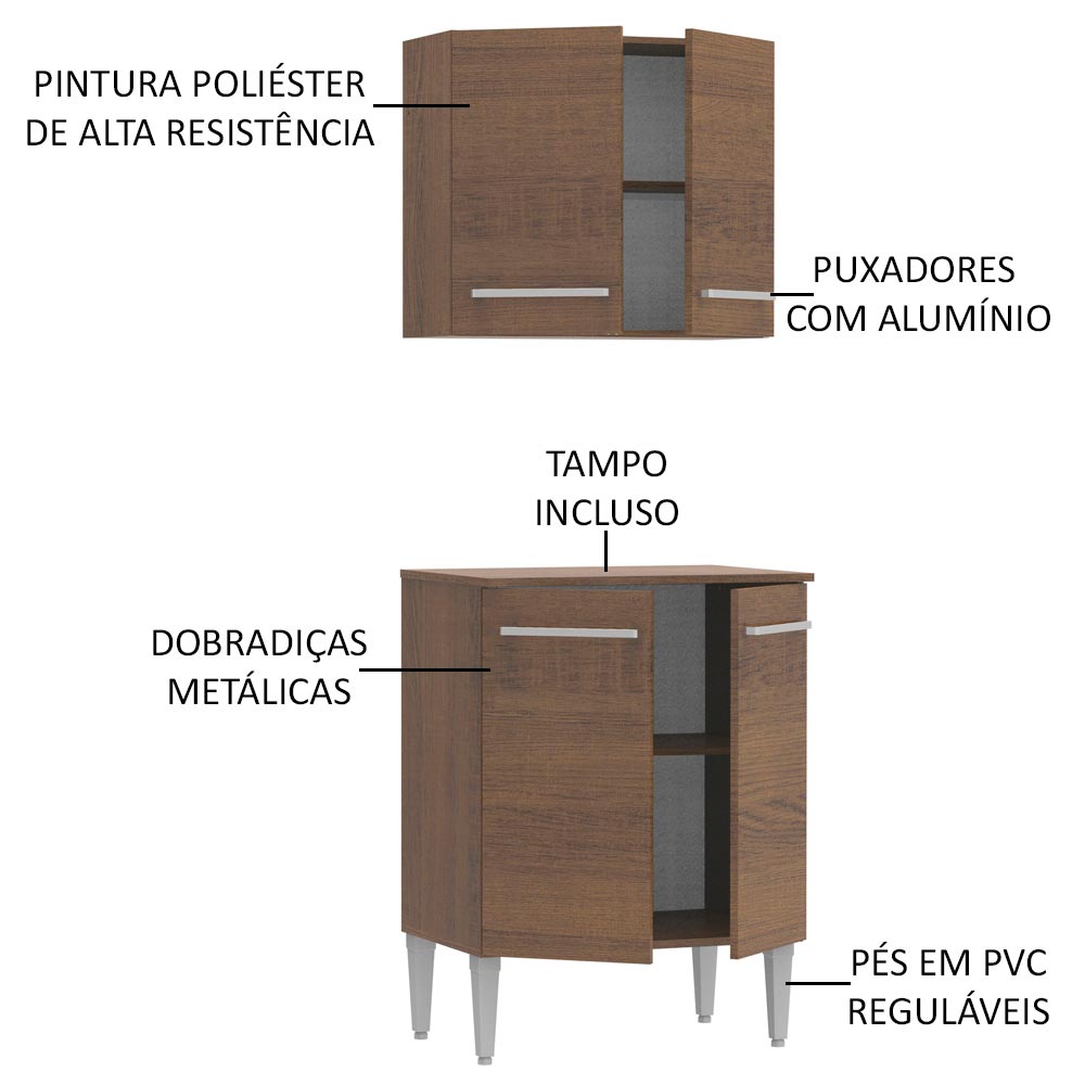 Kit com Armário Aéreo e Balcão 64cm Rustic Emilly Madesa