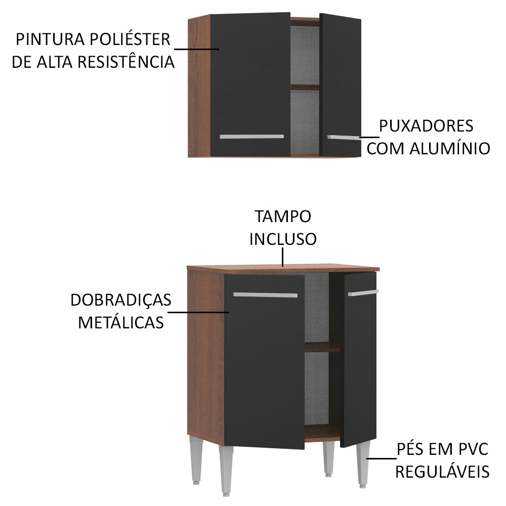 Kit com Armário Aéreo e Balcão 64cm Rustic/Preto Emilly Madesa
