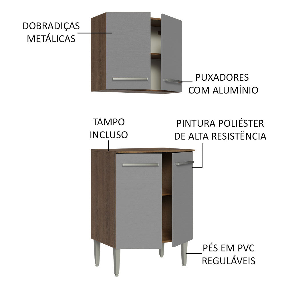 Kit com Armário Aéreo e Balcão 64cm Rustic/Cinza Emilly Madesa