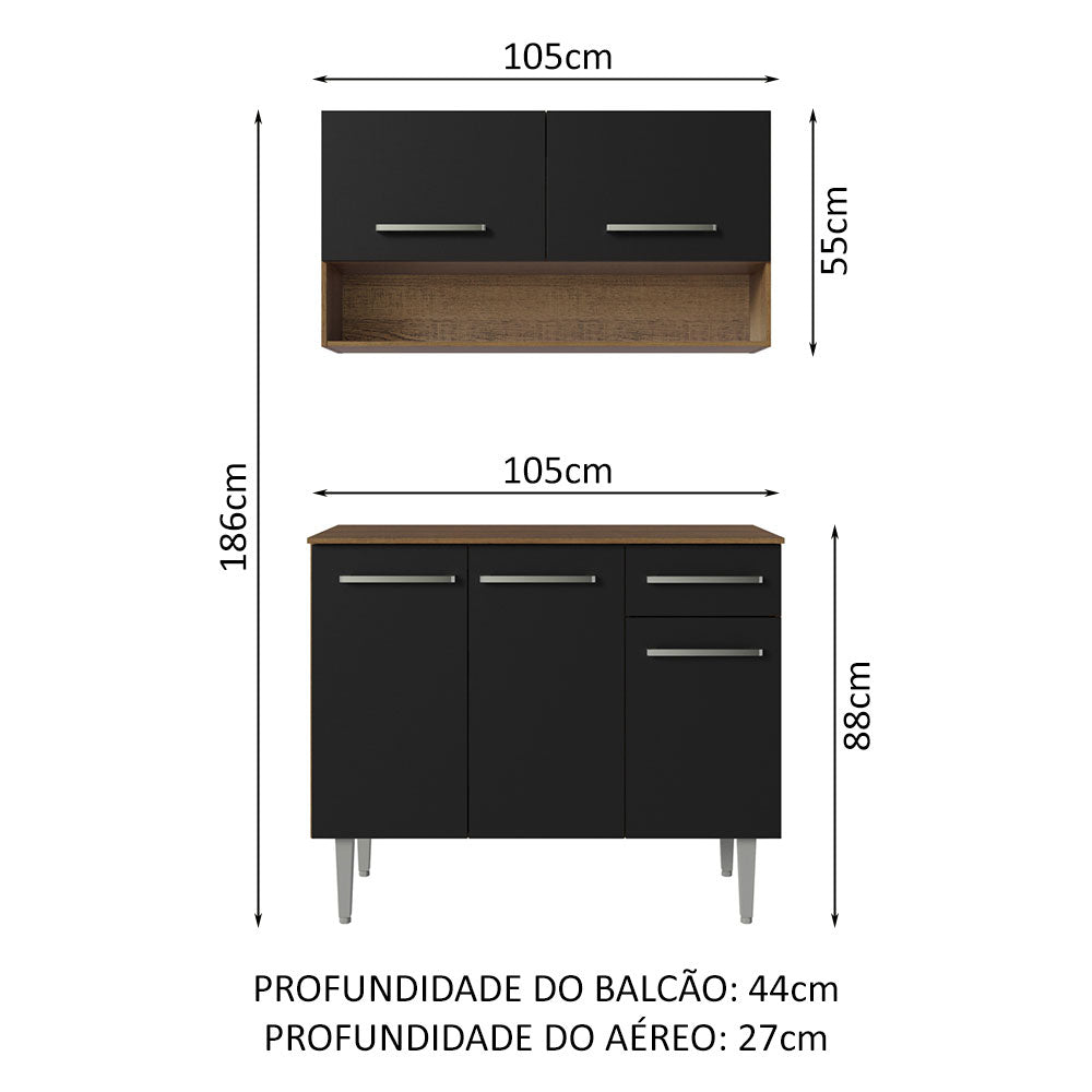 Armário de Cozinha Compacta 105cm Rustic/Preto Emilly Madesa