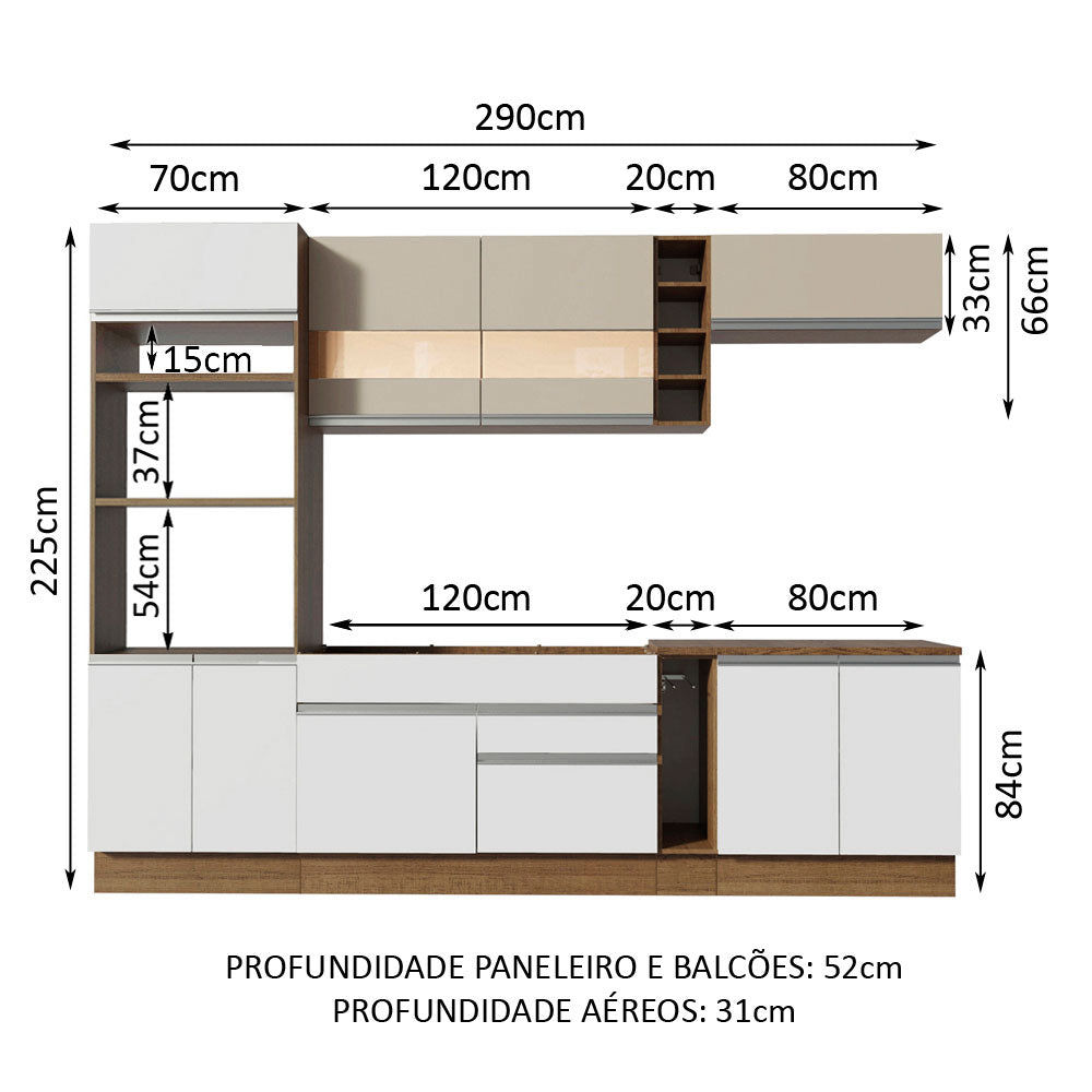 Armário de Cozinha Completa 290cm Rustic/Branco/Crema Vicenza Madesa