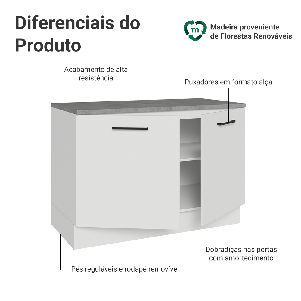 Balcão Gabinete Madesa Agata 120 x 60 cm 2 Portas (Com Tampo) Branco