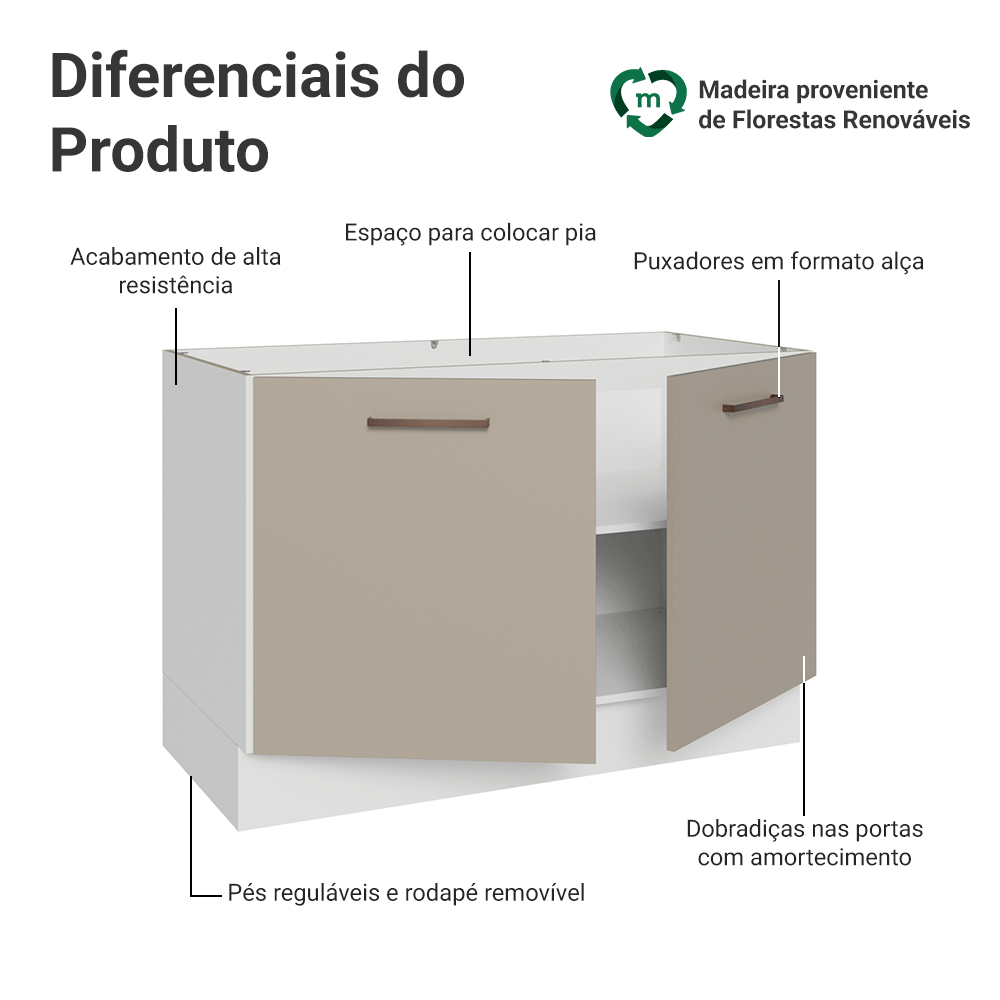Balcão Gabinete de Pia 120 x 60 cm 2 Portas (Sem Tampo) Branco/Crema Agata Madesa