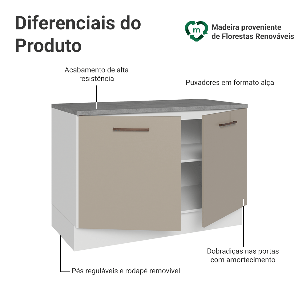 Balcão Gabinete 120 x 60 cm 2 Portas (Com Tampo) Branco/Crema Agata Madesa