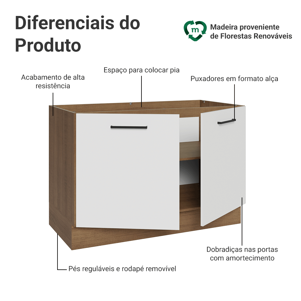 Balcão Gabinete de Pia Madesa Agata 120 x 60 cm 2 Portas (Sem Tampo) Rustic/Branco