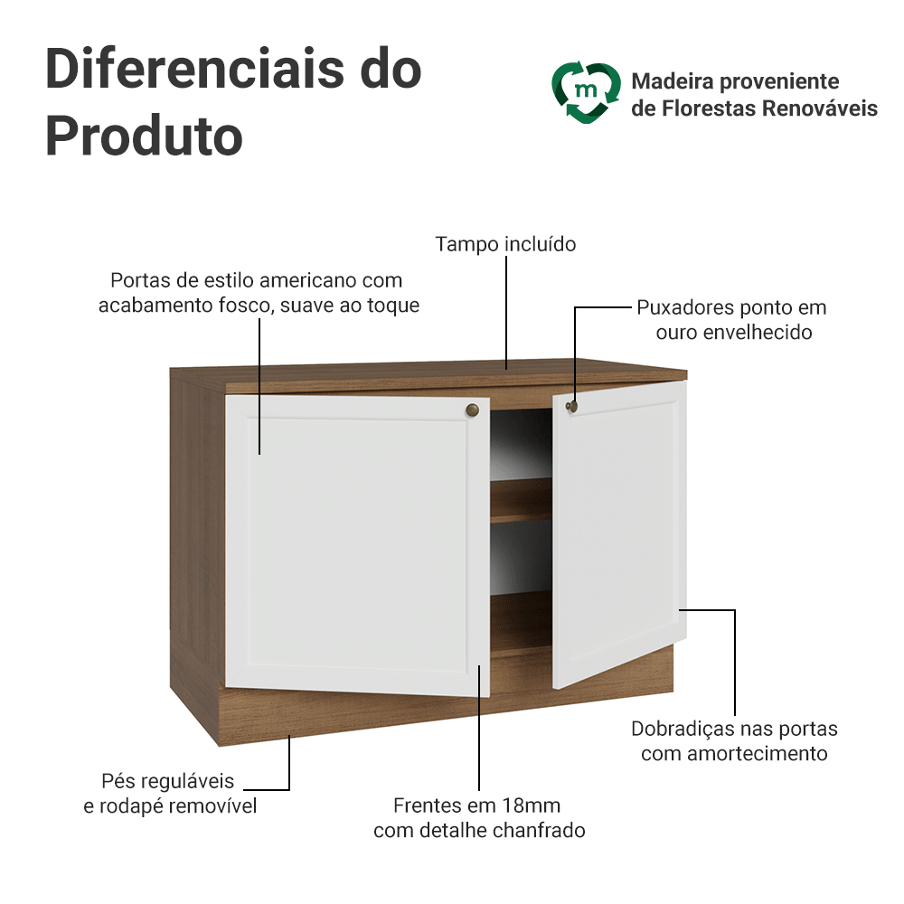 Balcão de Cozinha 120 x 60 cm 2 Portas (Com Tampo) Rustic/Branco Vik Madesa