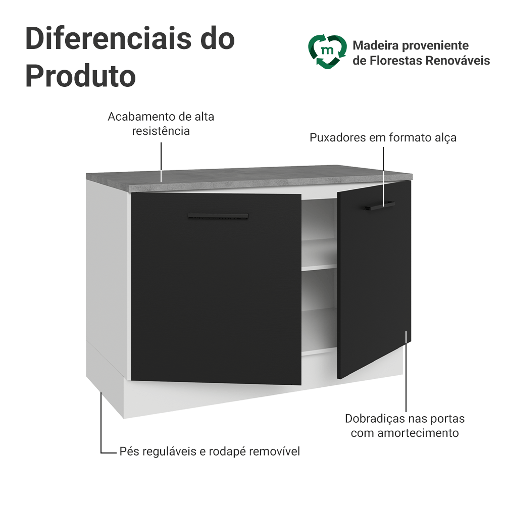 Balcão Gabinete Madesa Agata 120 x 60 cm 2 Portas (Com Tampo) Branco/Preto