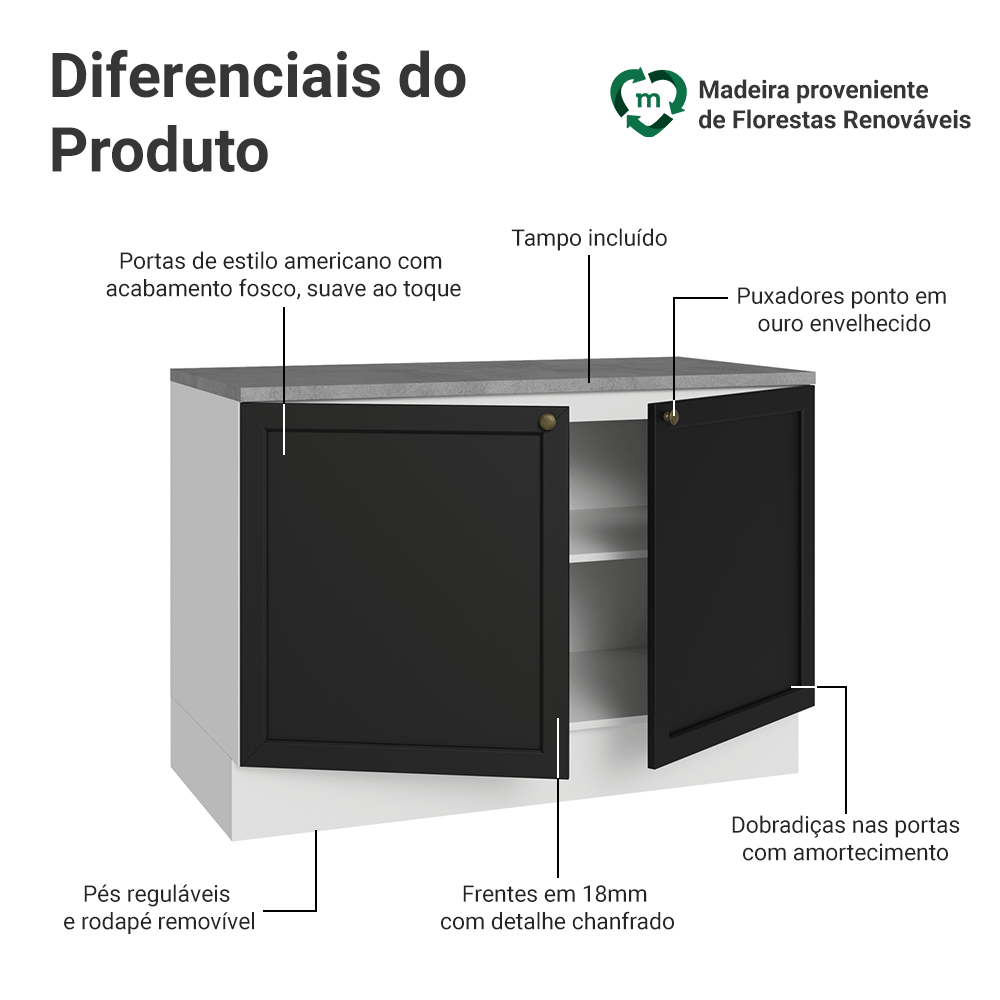 Balcão de Cozinha 120 x 60 cm 2 Portas (Com Tampo) Branco/Preto Vik Madesa