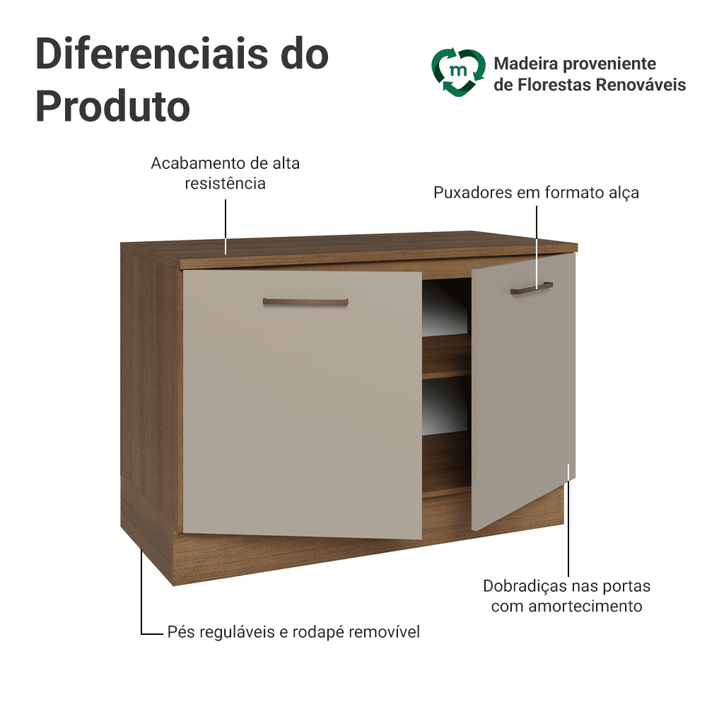 Balcão Gabinete 120 x 60 cm 2 Portas (Com Tampo) Rustic/Crema Agata Madesa