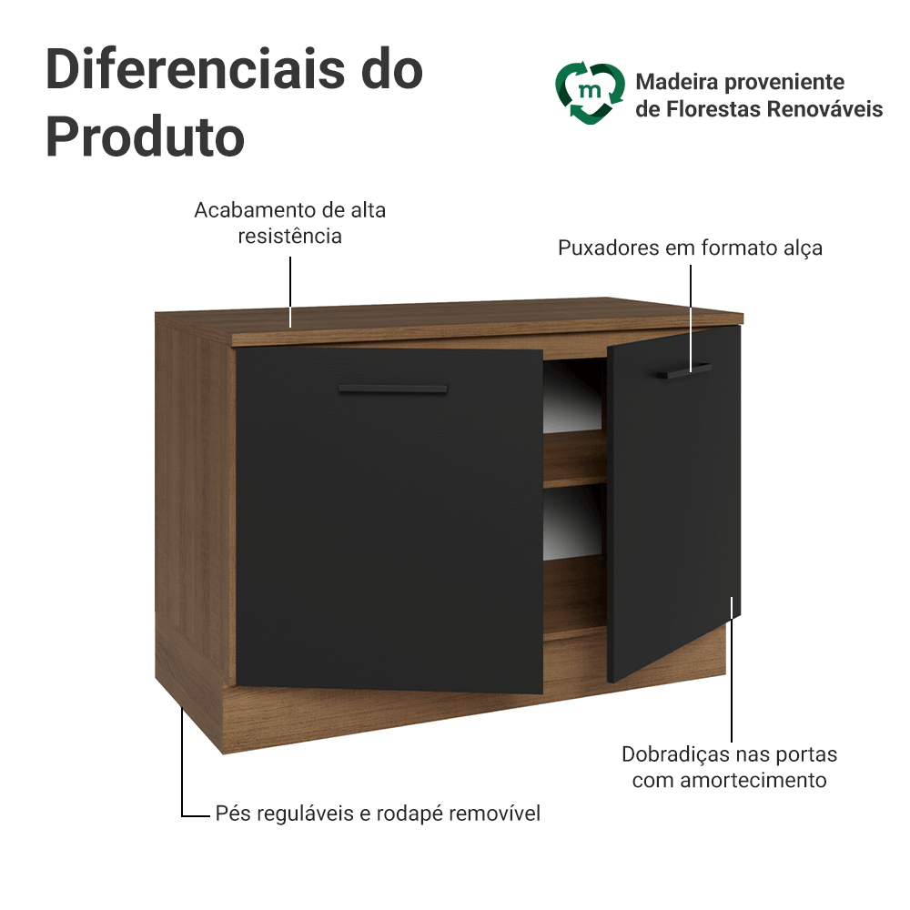 Balcão Gabinete Madesa Agata 120 x 60 cm 2 Portas (Com Tampo) Rustic/Preto
