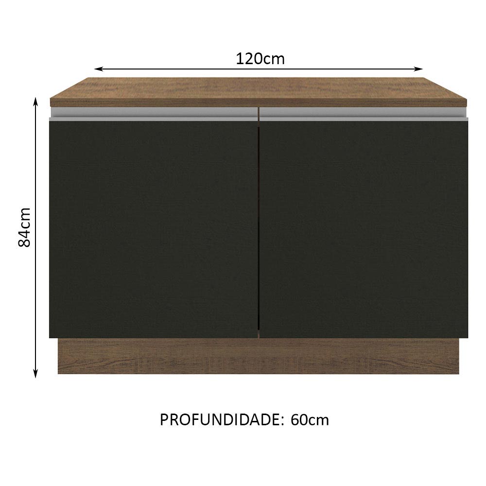 Balcão Gabinete Madesa Glamy 120 x 60 cm 2 Portas (Com Tampo) Rustic/Preto