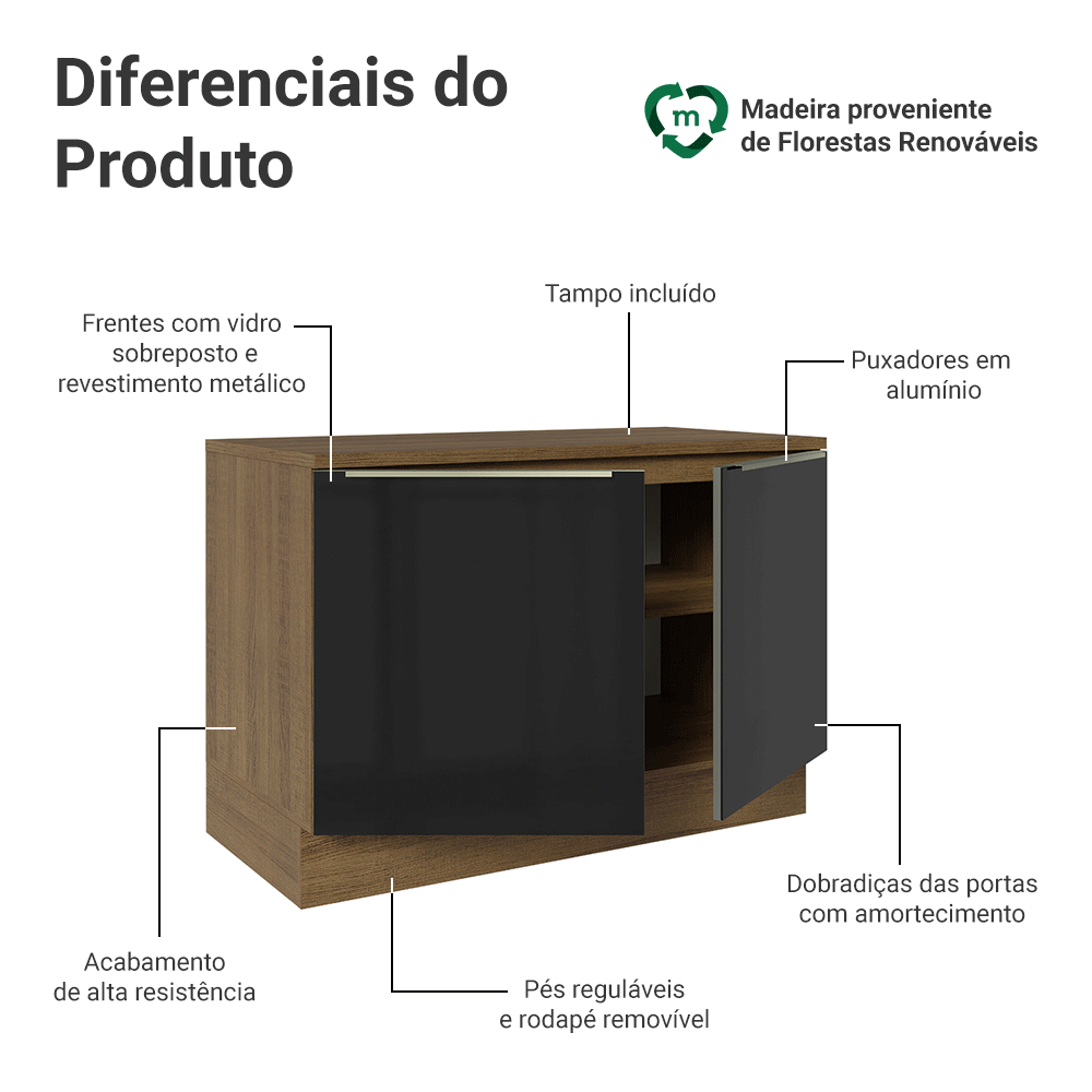 Balcão de Cozinha 120 x 60 cm 2 Portas (Com Tampo) Rustic/Preto Lux Madesa