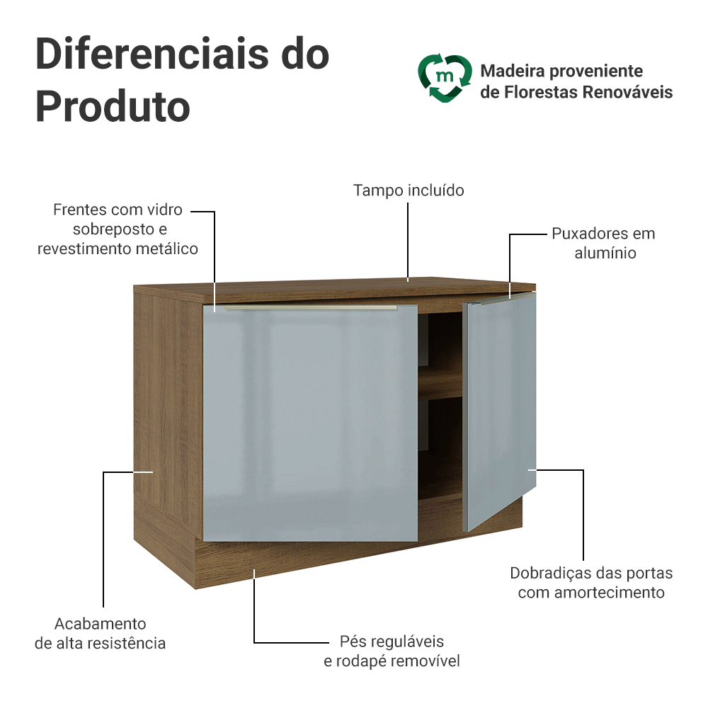 Balcão de Cozinha 120 x 60 cm 2 Portas (Com Tampo) Rustic/Cinza Lux Madesa