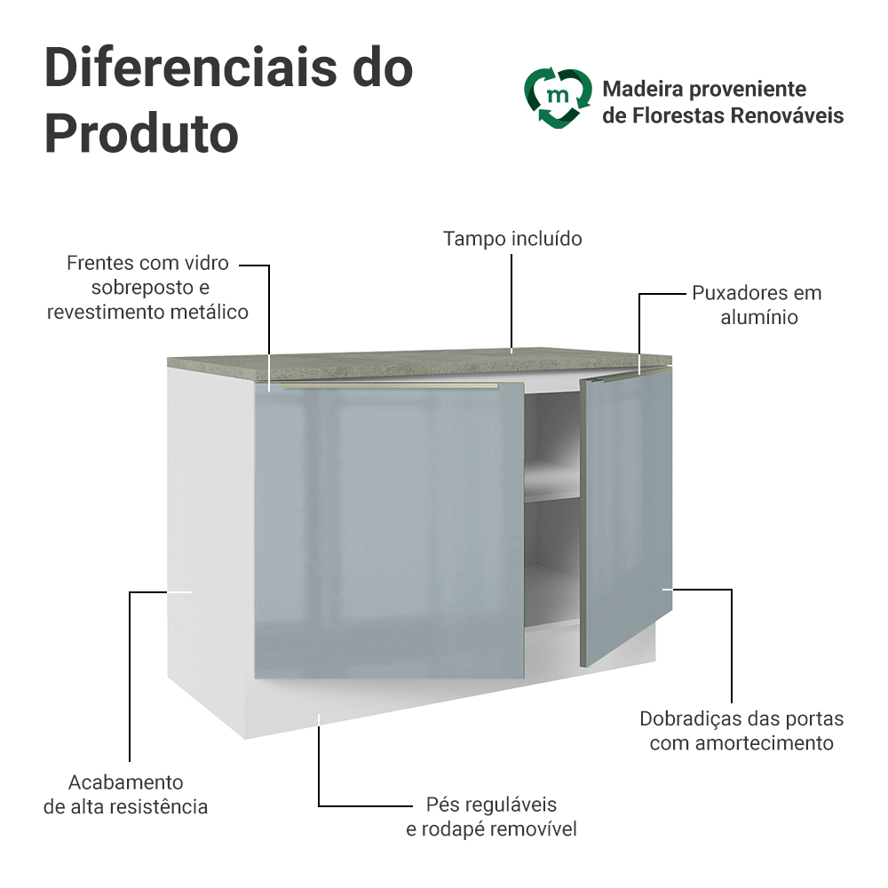 Balcão de Cozinha 120 x 60 cm 2 Portas (Com Tampo) Branco/Cinza Lux Madesa