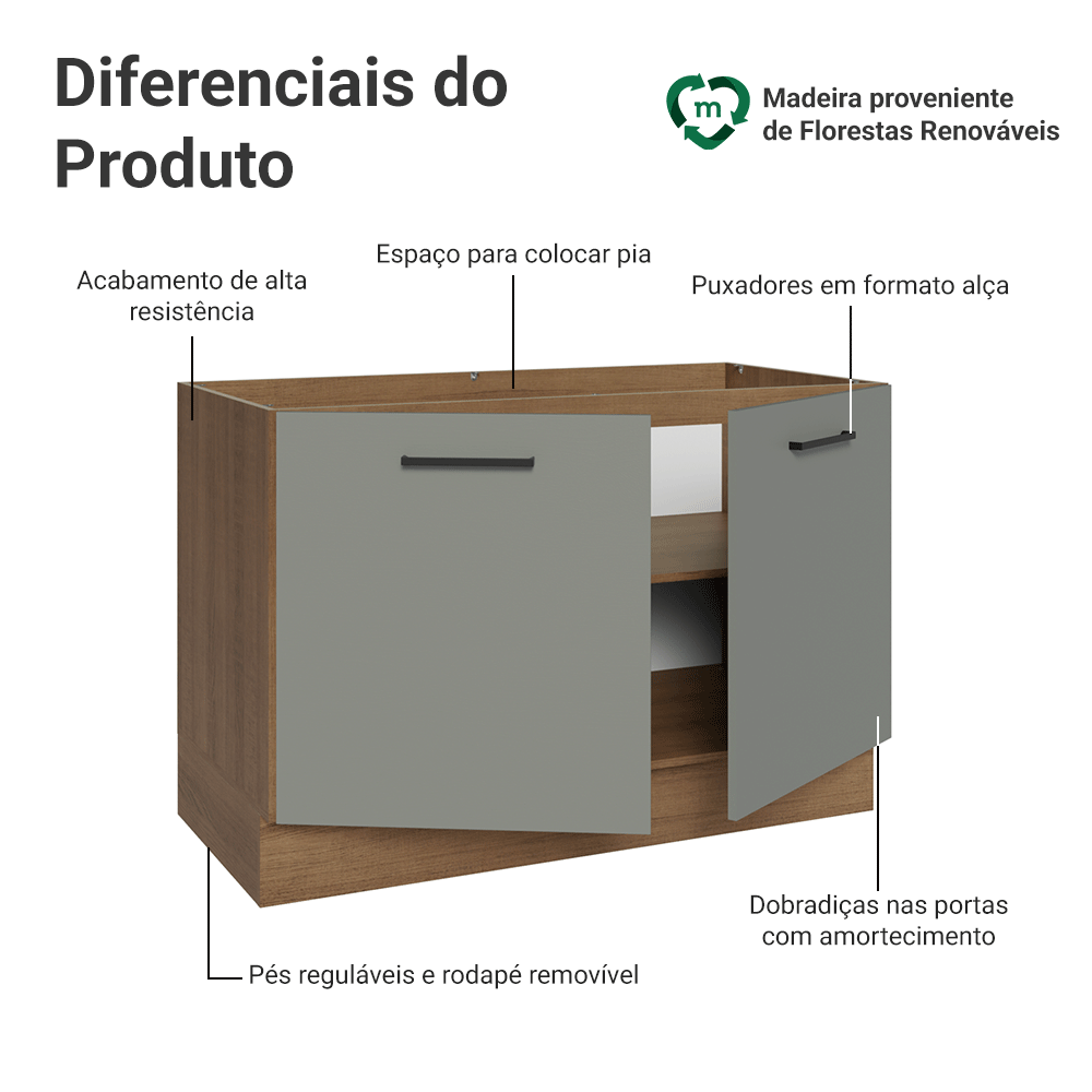 Balcão Gabinete de Pia Madesa Agata 120 x 60 cm 2 Portas (Sem Tampo) Rustic/Cinza